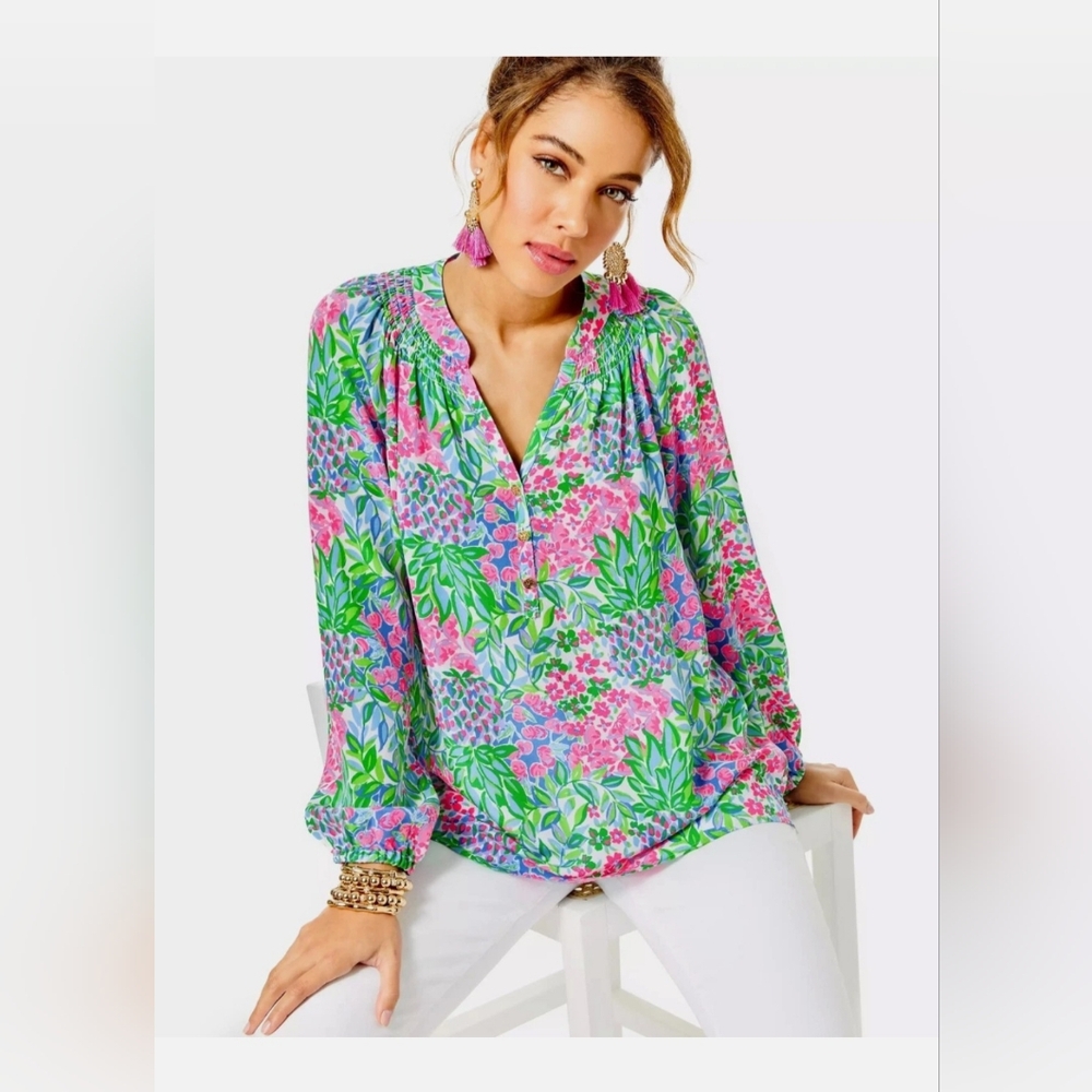 Lilly Pulitzer Vibrant Elsa Floral Blouse in Green and Pink